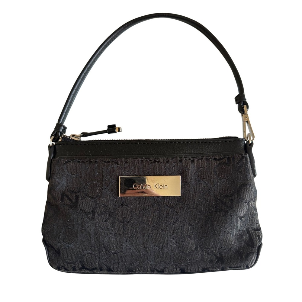 Calvin Klein Black Monogram Mini Baguette Bag Shoulder Bag Purse Silver